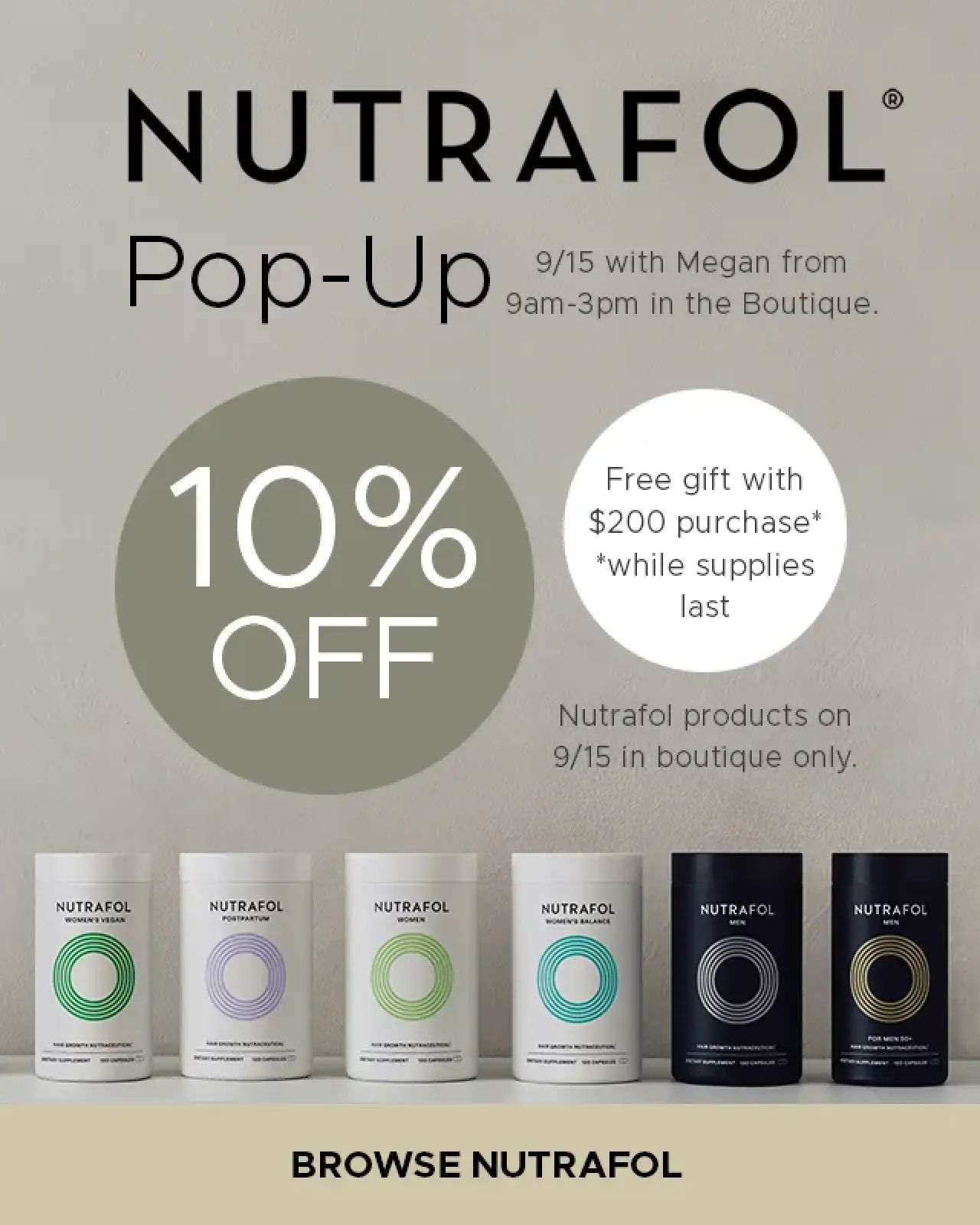 Nutrafol pop-up event announcement featuring product displays and promotional details for 9/15.