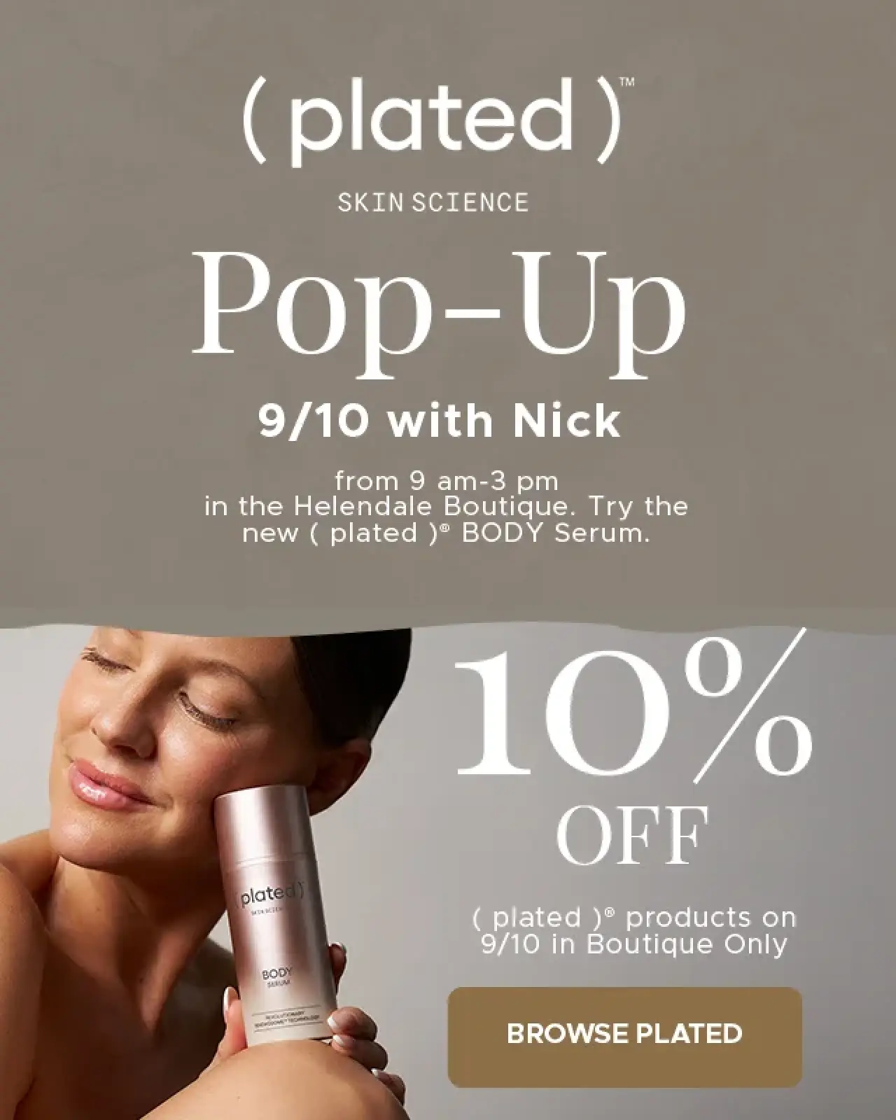 Woman applying body serum during a pop-up event at Helendale Boutique, promoting 10% off products on September 10.