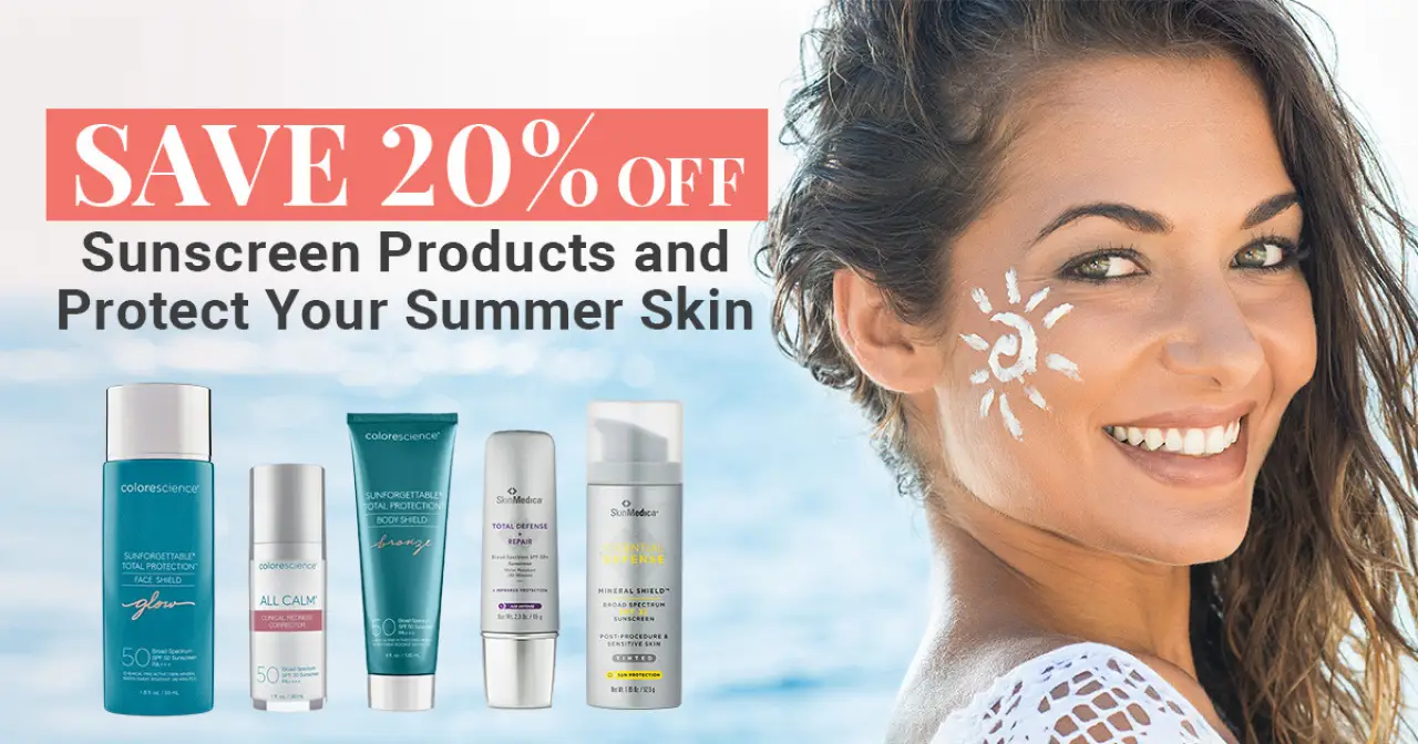 Woman with sunscreen sun design beside 20% off sunscreen products.