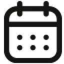 Black and white calendar icon with binding rings and five dots representing dates.