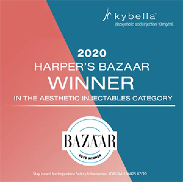 Kybella wins 2020 Harpers Bazaar award for Aesthetic Injectables, blue and coral graphic.
