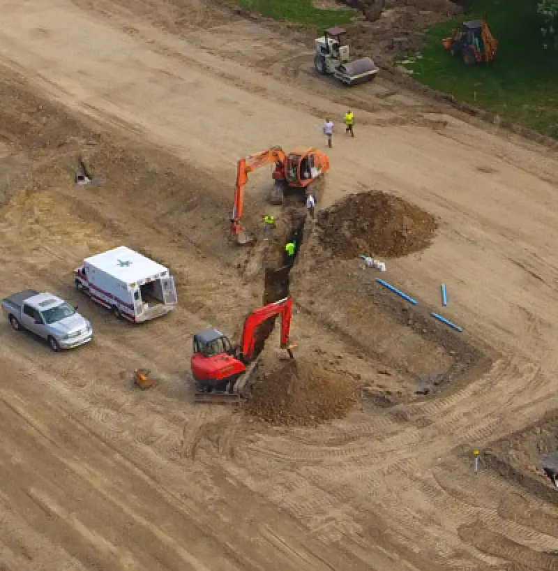 Aerial view of a construction site with excavators, workers, an ambulance, and cars nearby.