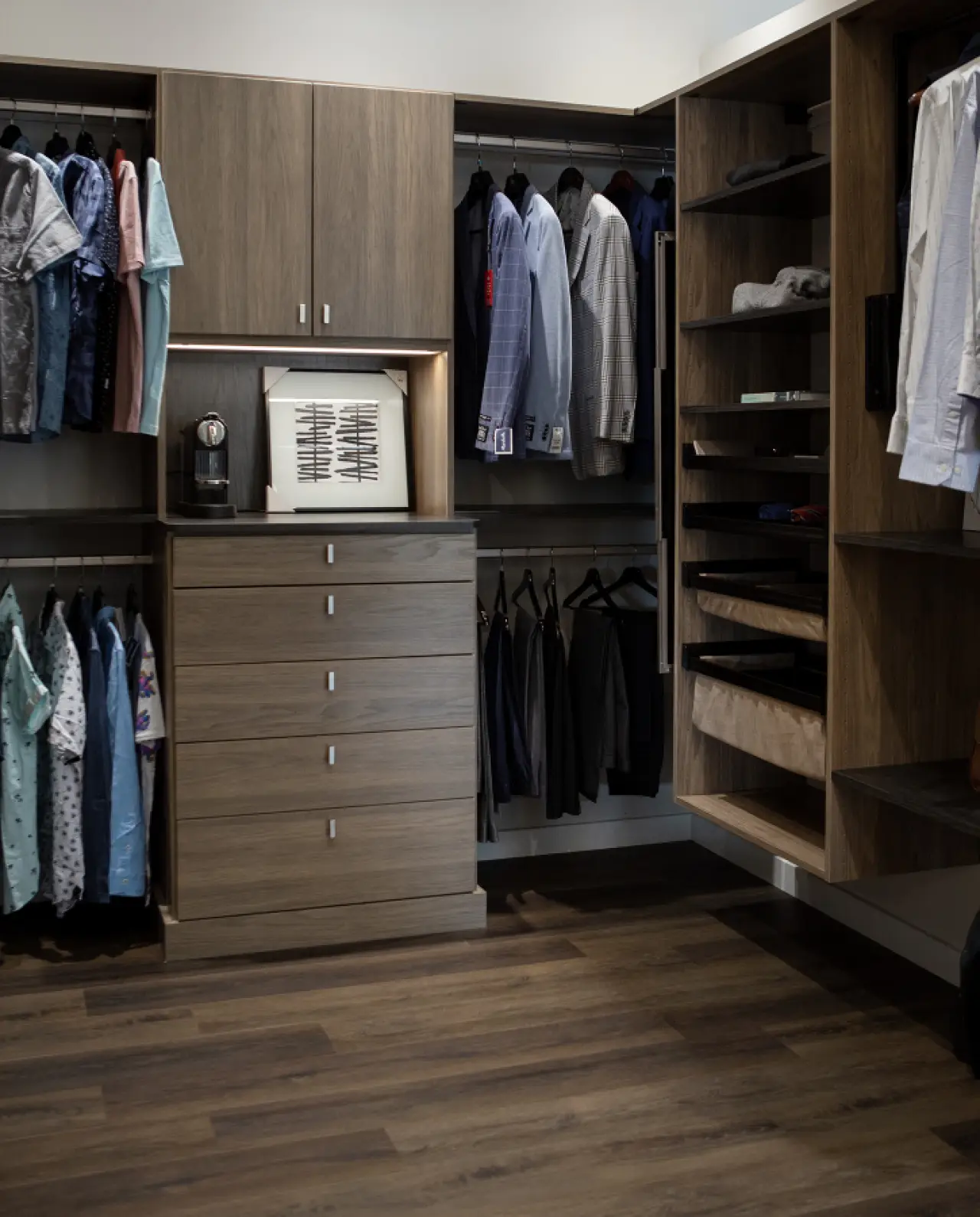 Custom walk-in closet storage brown cabinets
