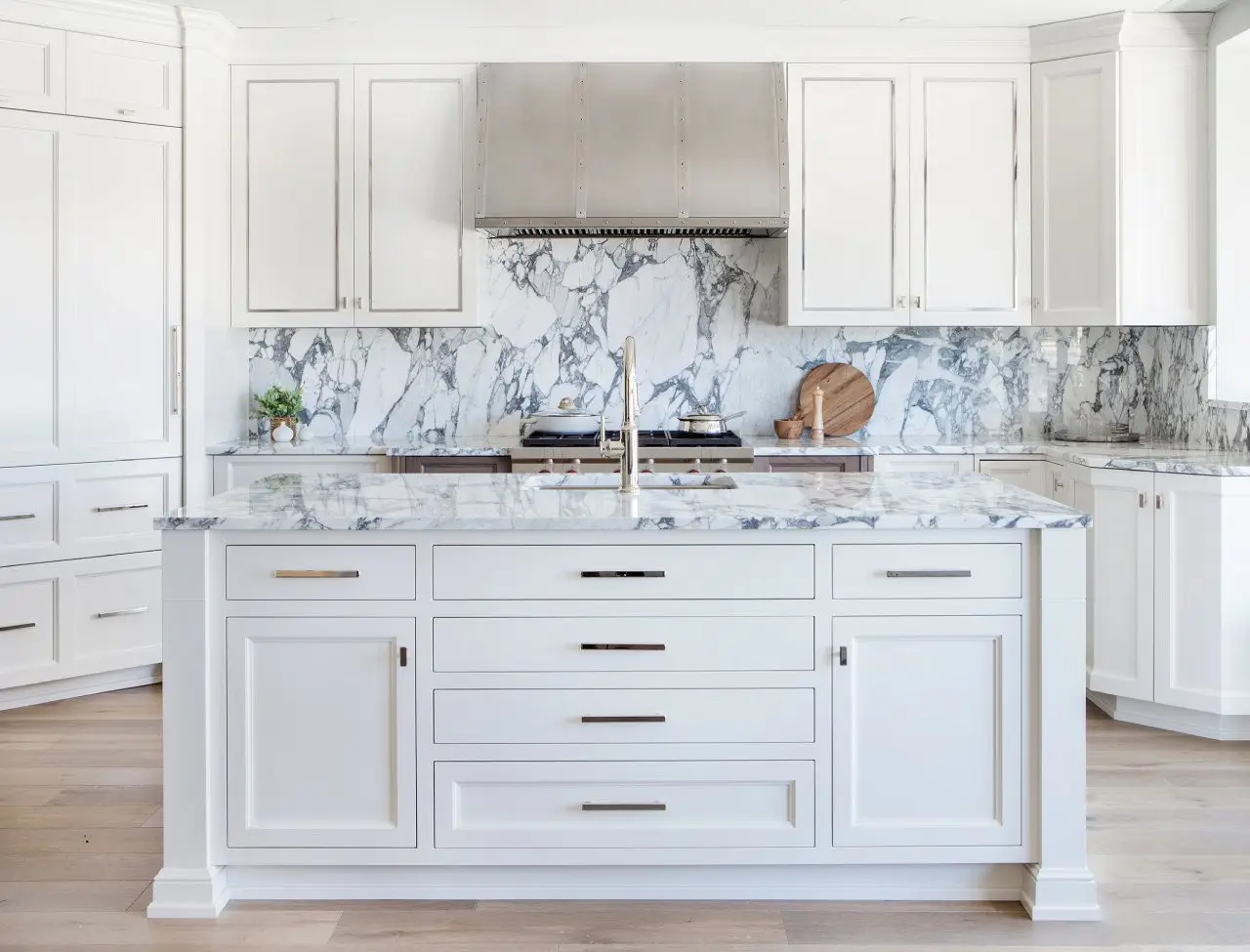 new kitchen white cabinets marble counter and backsplash