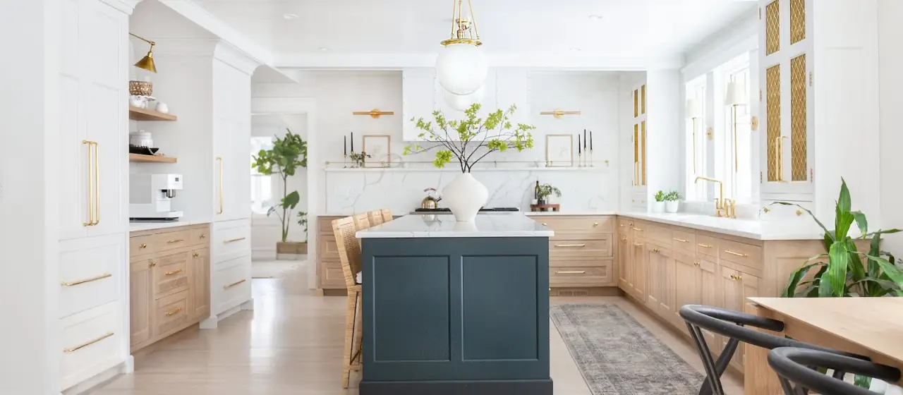 kitchen with oak cabinets and blue island