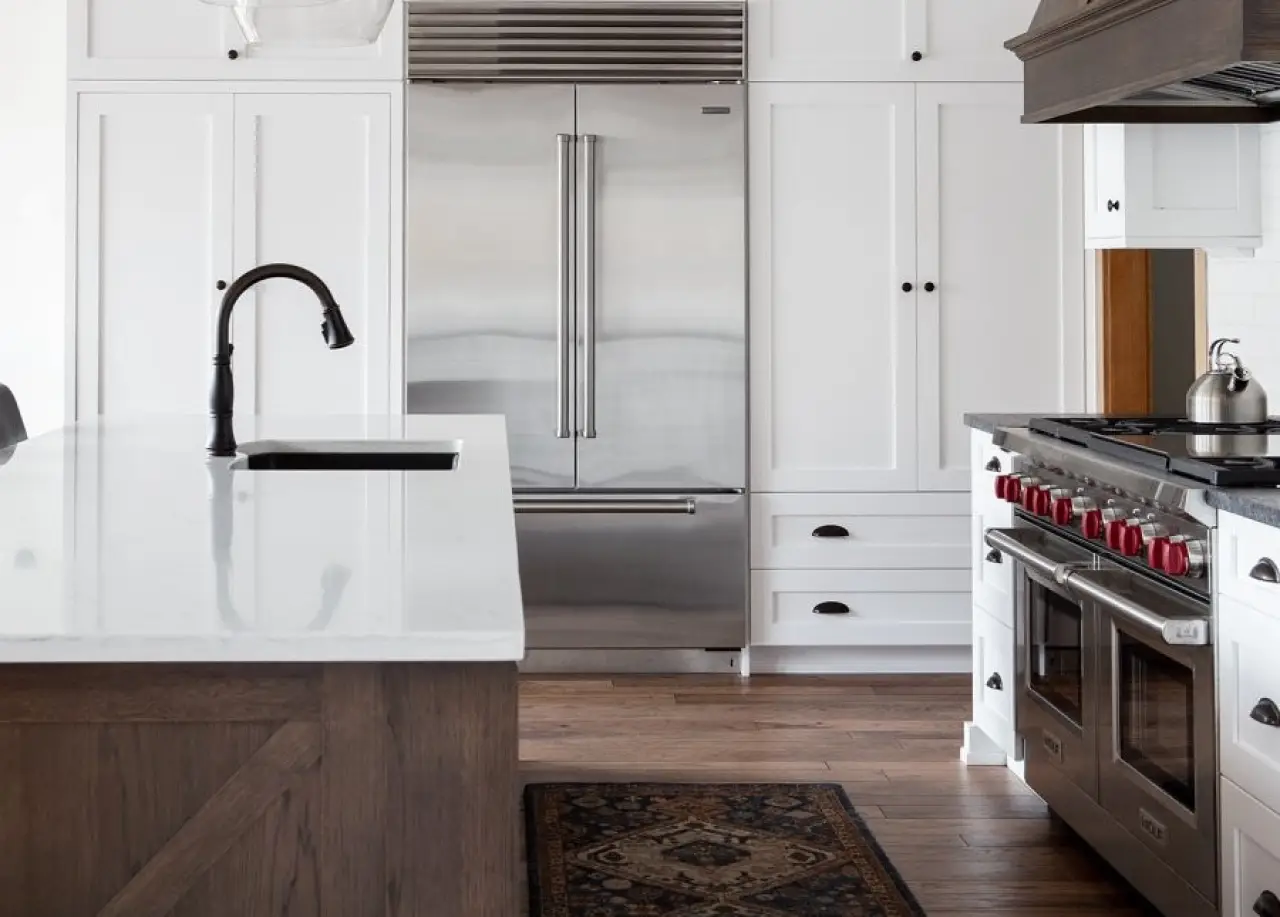 modern kitchen remodel white cabinets wood floor
