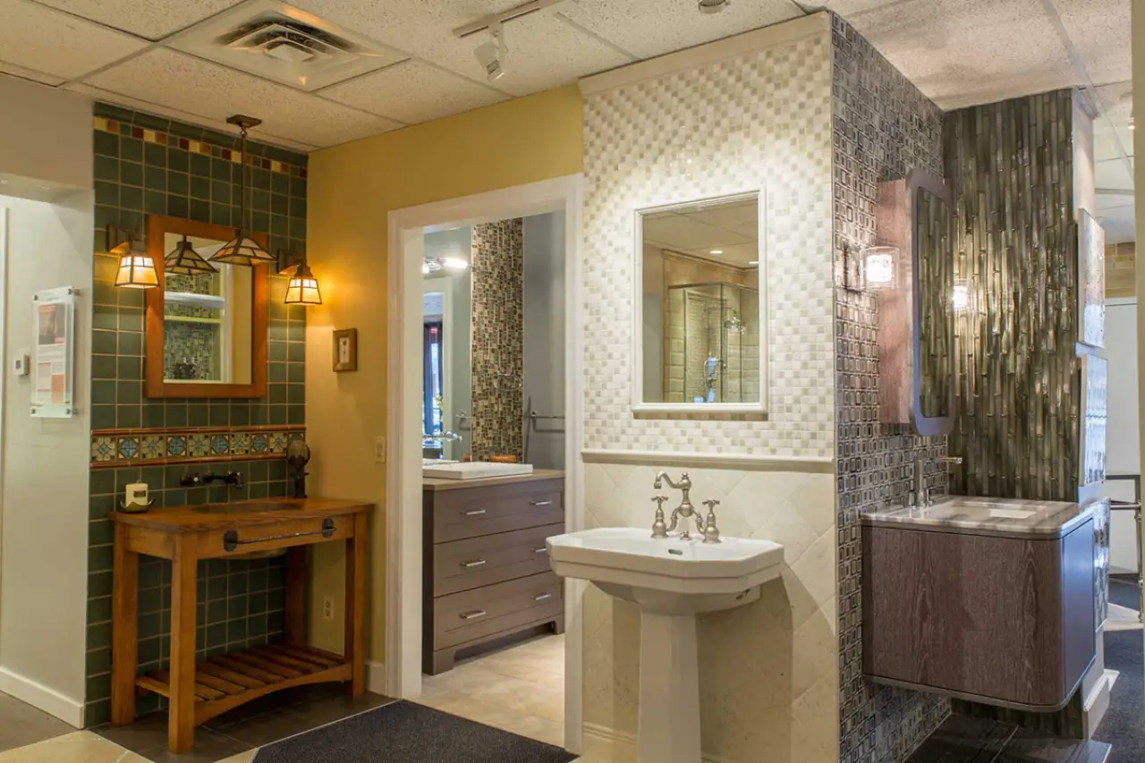 Bathroom vanities on display in a showroom.