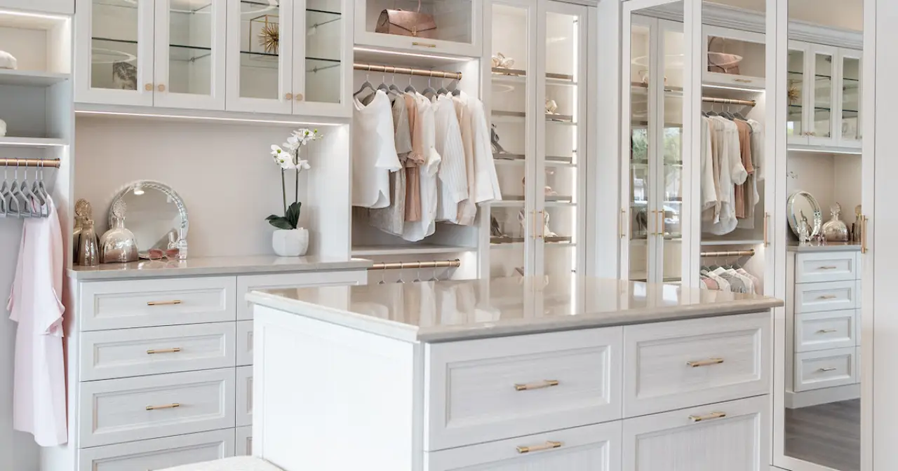 custom white neutral walk-in closet