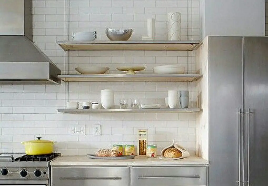 stainles steel kitchen open shelving