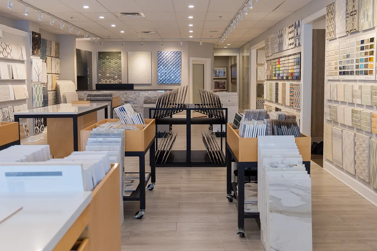 Tile samples displayed throughout the Concept II showroom in East Rochester.