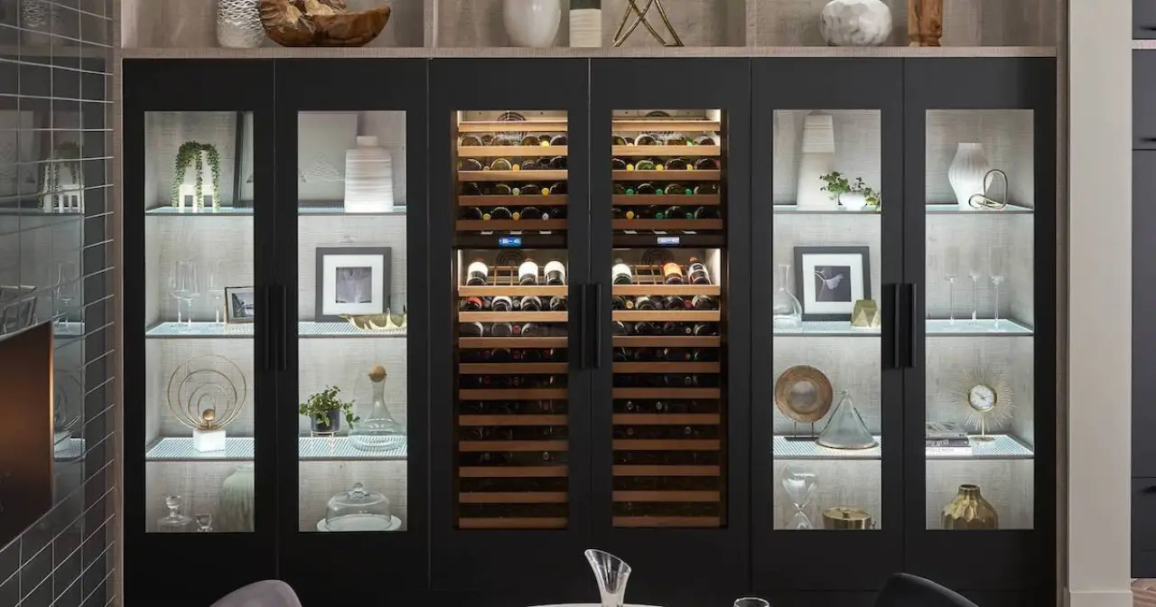Black decorative lit cabinets with wine rack