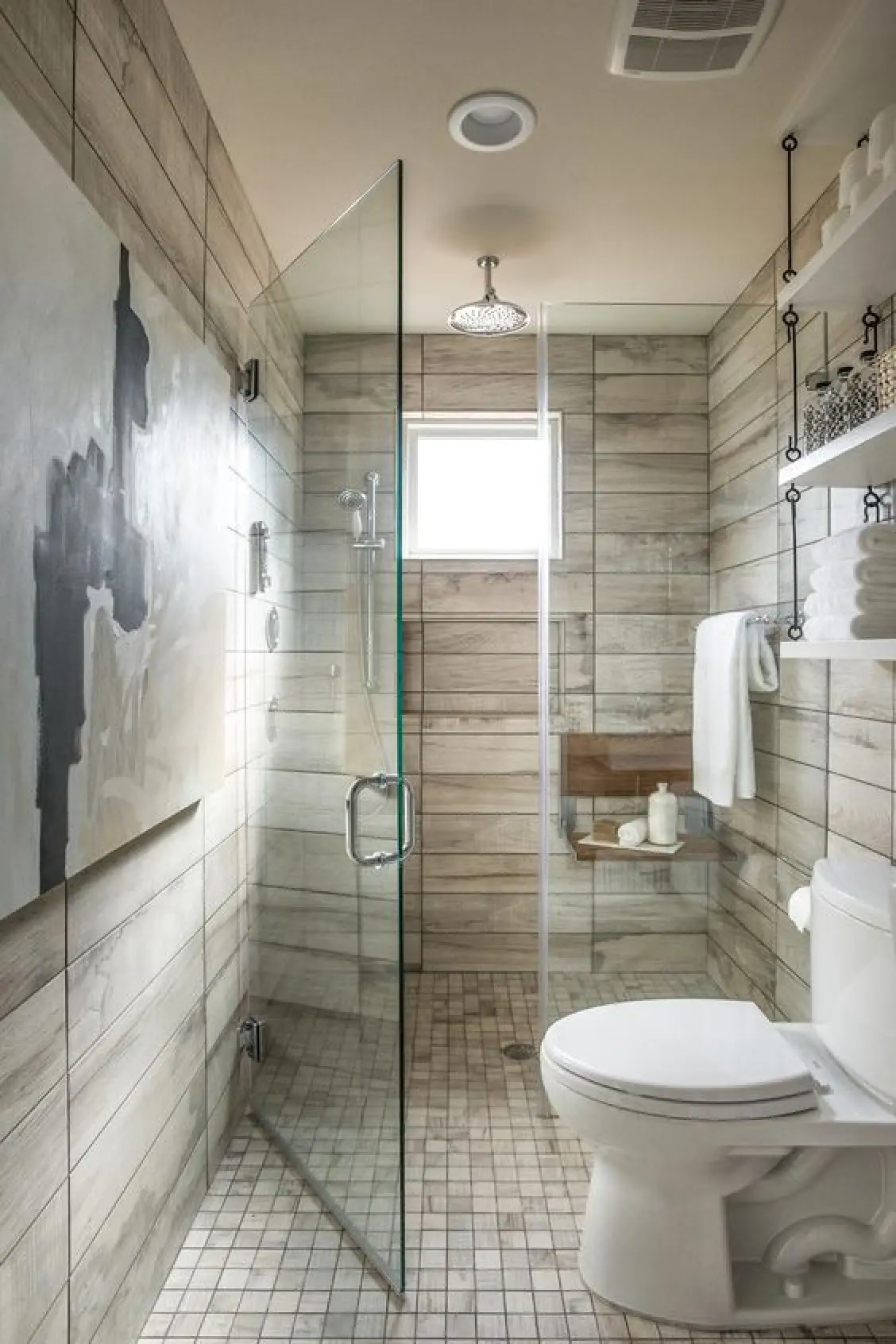 wood tile on bathroom walls