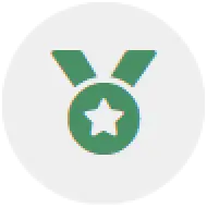 Green medal with a star in the center, shown on a light gray circular background.