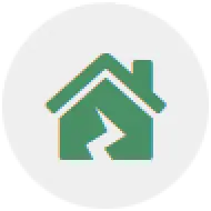 Green house icon with a zigzag line through the center on a white circular background.