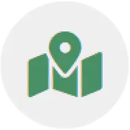 Green map icon with a location pin in the center, on a white circular background.
