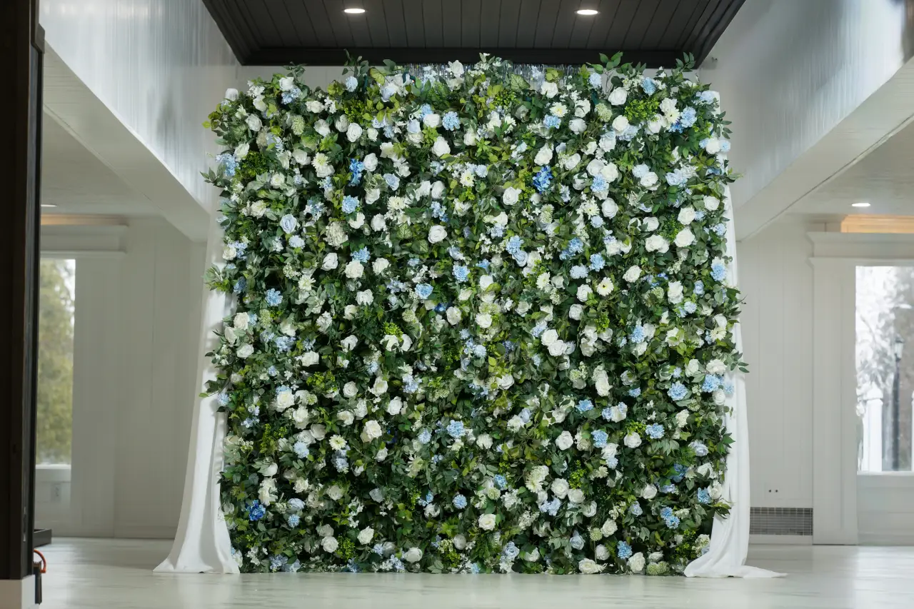 Blue flower wall backdrop rental for weddings and events