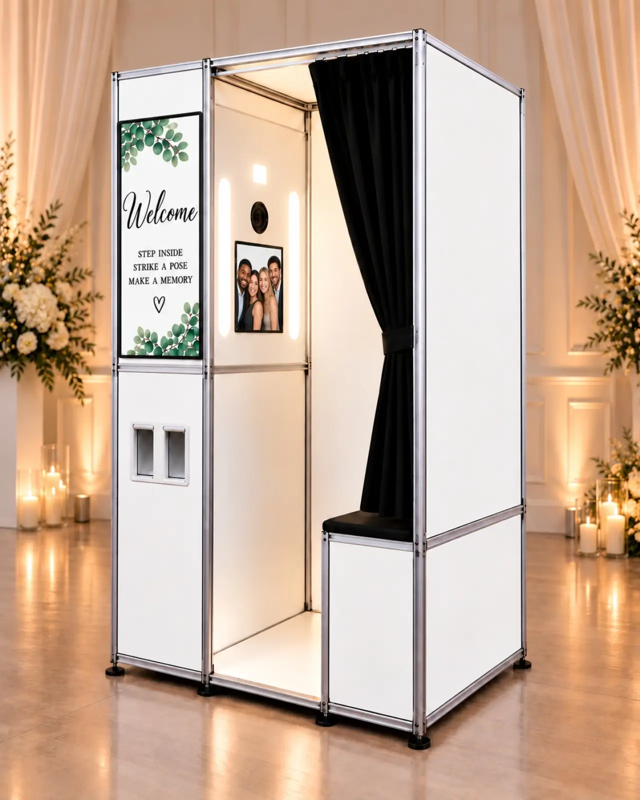 The Classic enclosed photo booth at a wedding reception, framed by ivory drapery, white floral arrangements and pillar candles, with the black curtain tied back to show the bench seat inside.