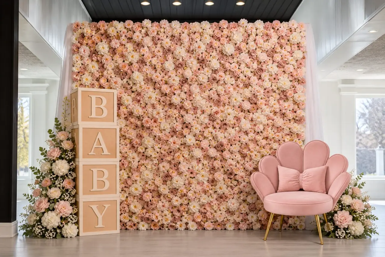 Styling concept of BABY block letters with a blush flower wall and pink scalloped chair