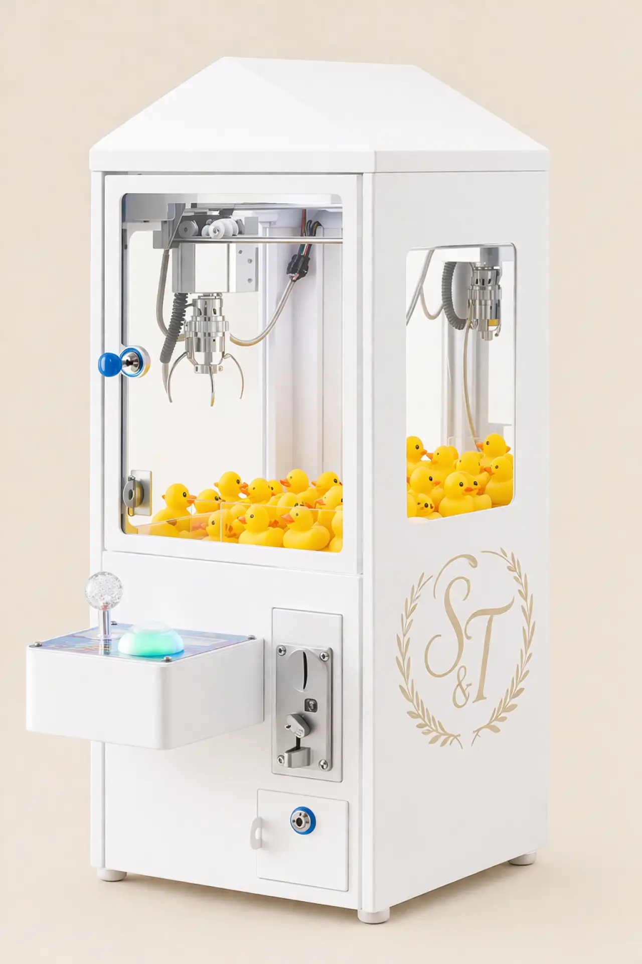 White custom claw machine rental with rubber ducks
