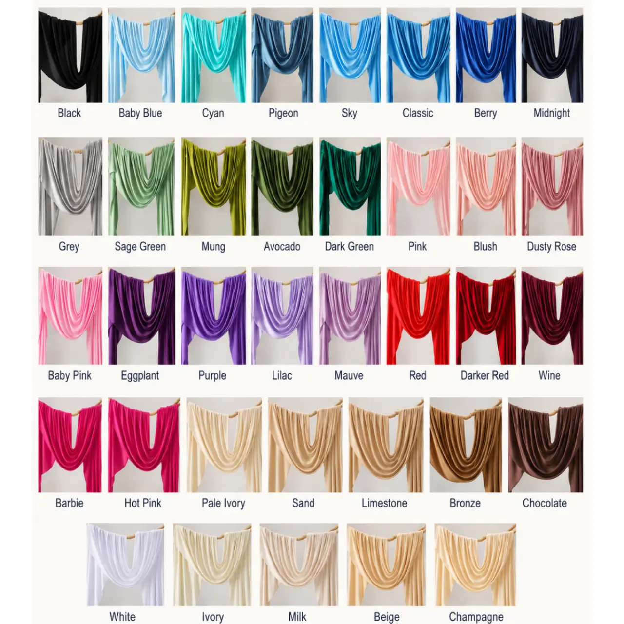 Standard drapery backdrop color options for rental in Rochester, NY