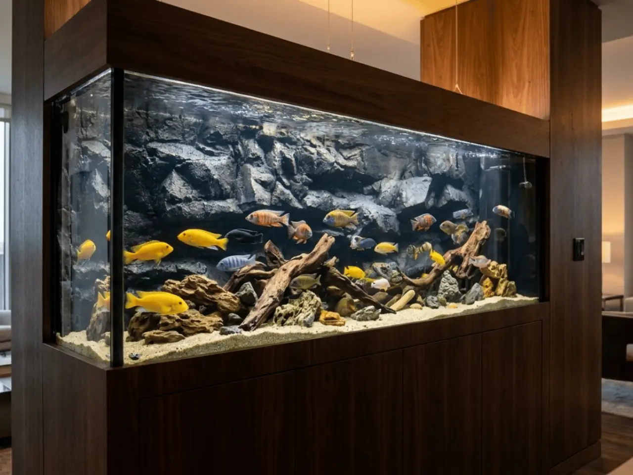 Universal Rocks Cliff Series faux rock background installed in an aquarium