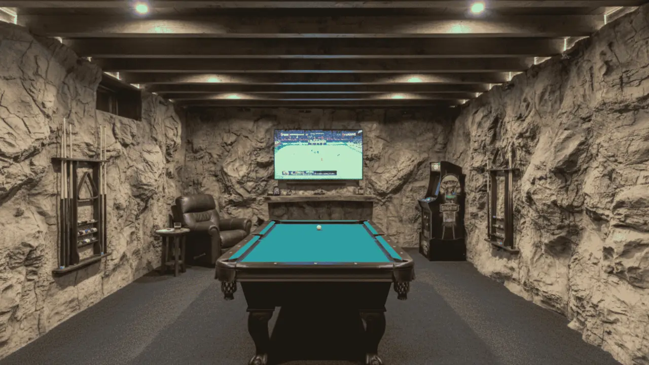 Rock wall panels in a basement man cave with pool table