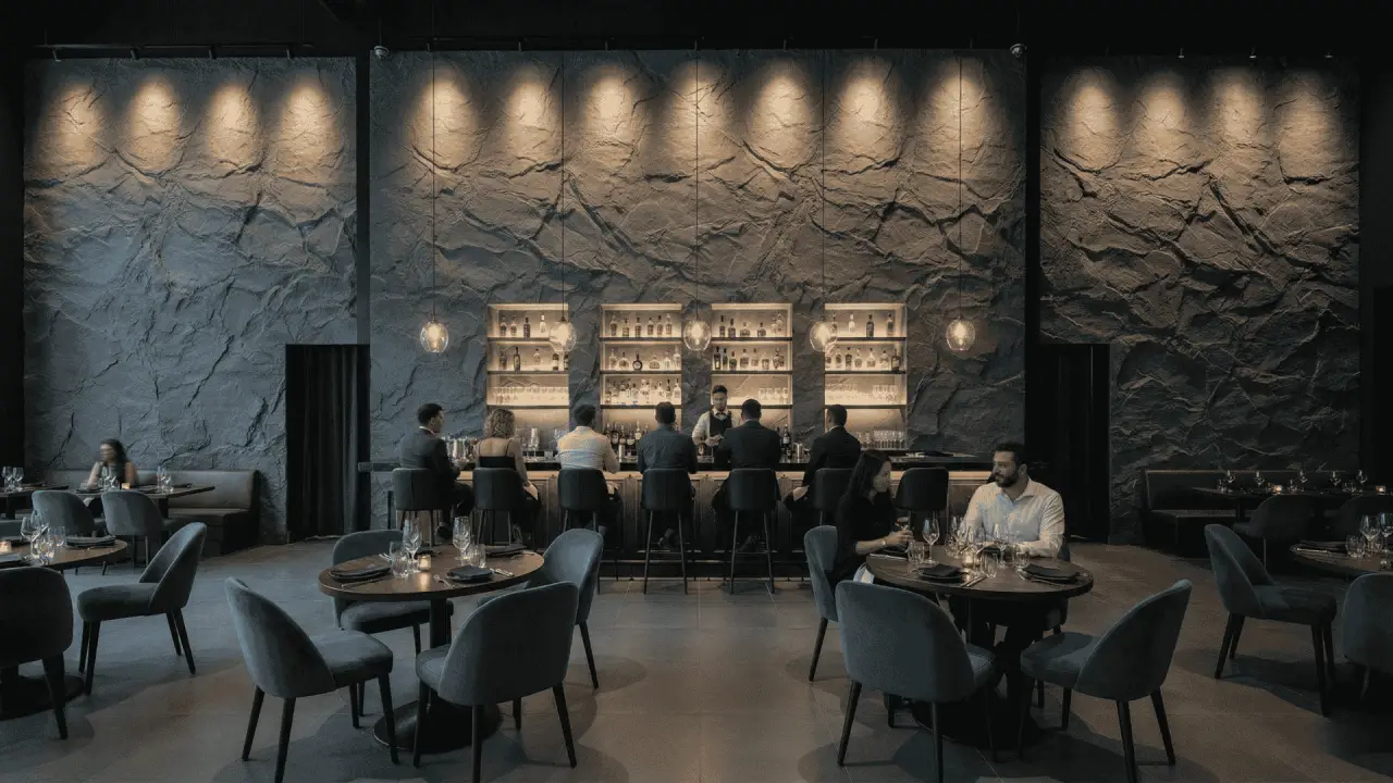 Rock wall panels in a restaurant and bar