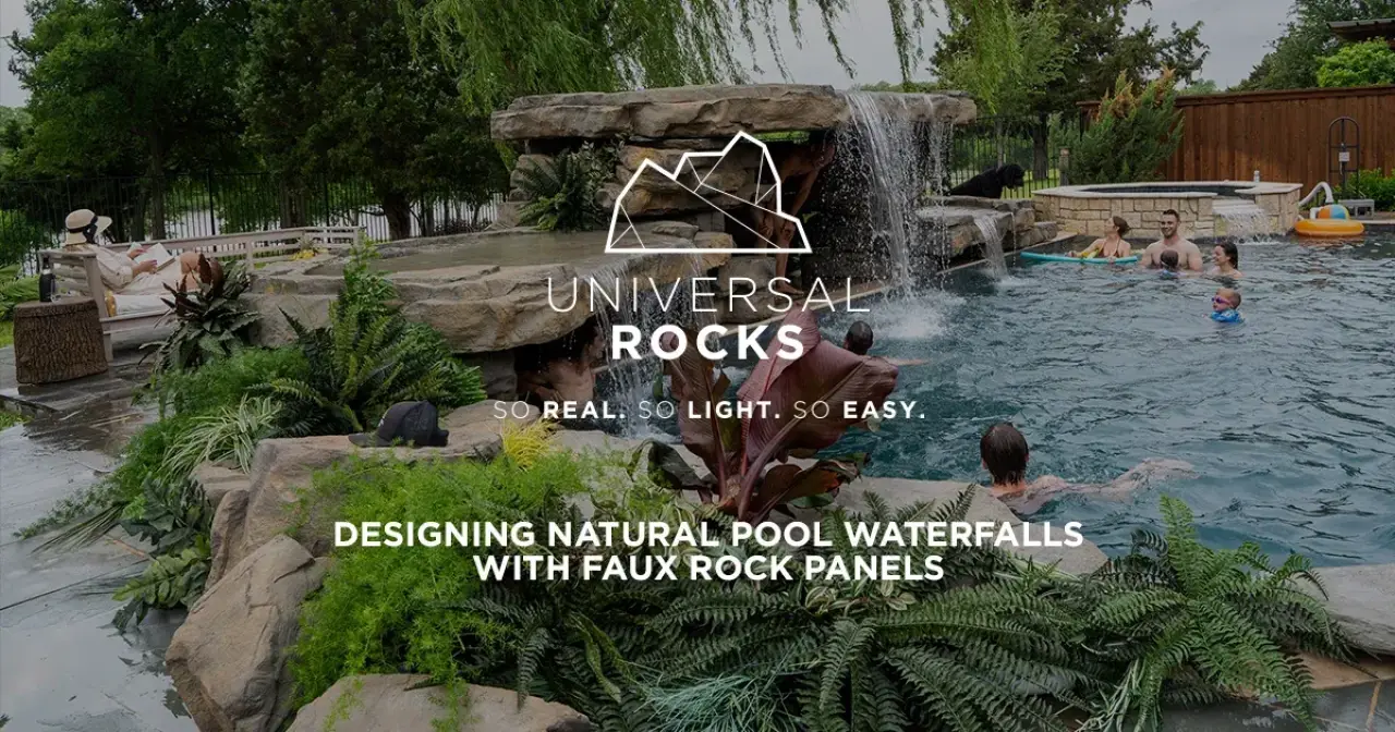 Natural-looking faux rock waterfall beside a backyard pool built with Universal Rocks panels