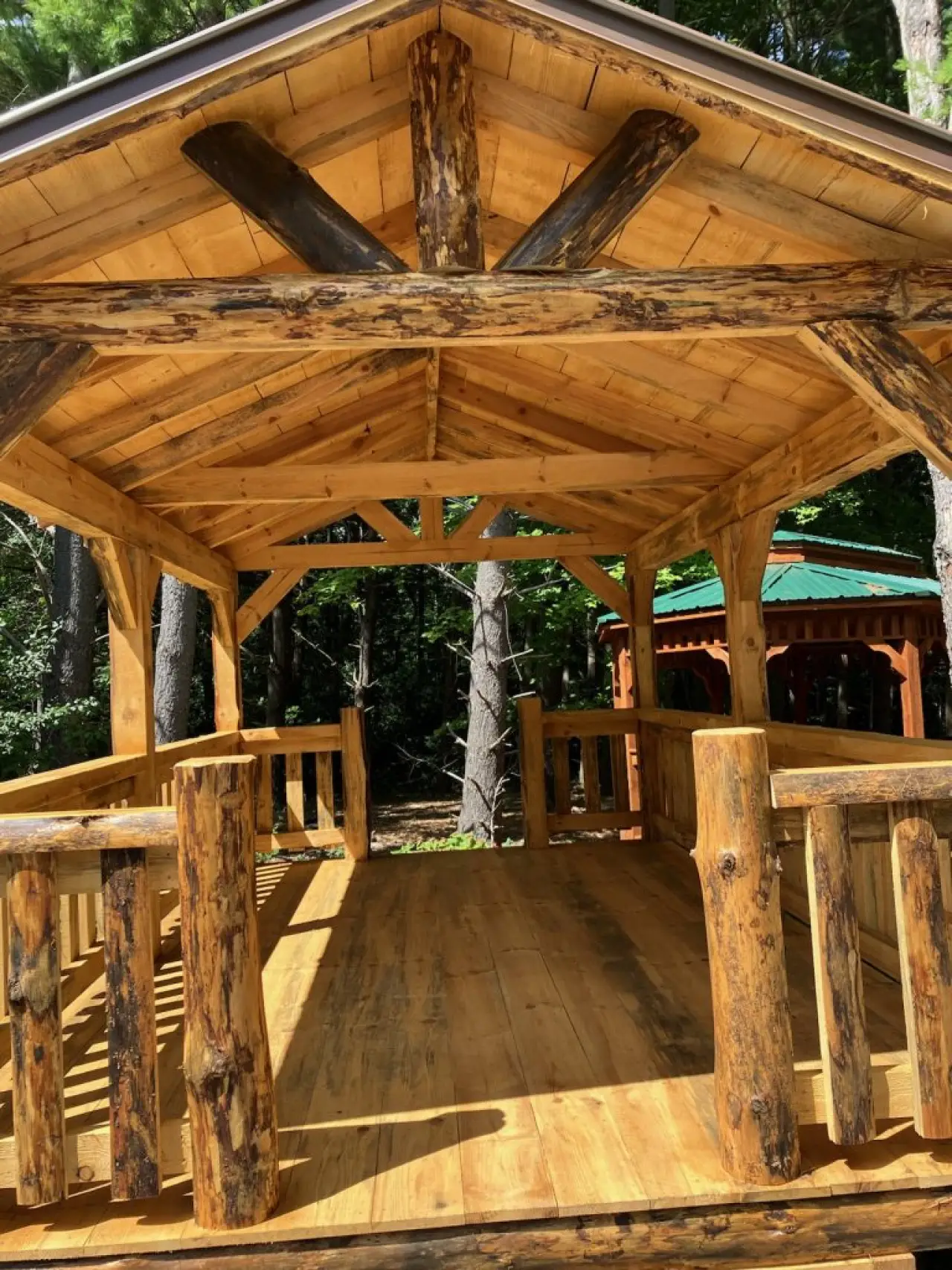 Rustic log pavilion interior