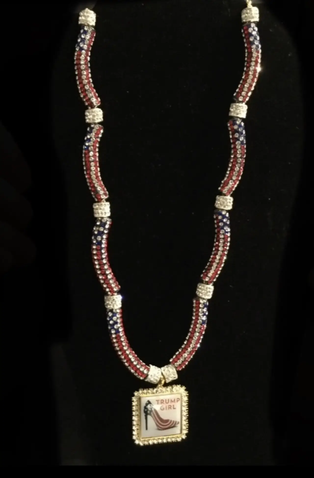 Trump complete  set  on a 30” rope chain with 8 crystal flag tube and 10 crystal spacers $199