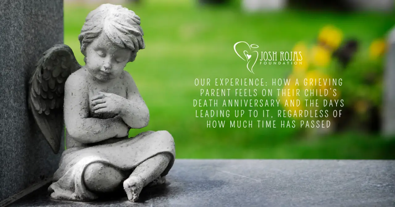 a stone angel sits thoughtfully on a grave with text about a parent's grief
