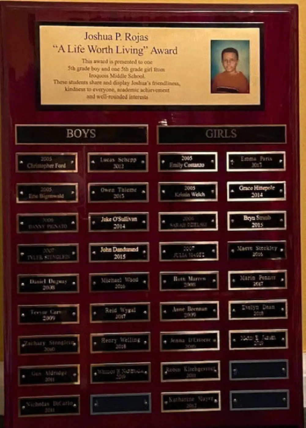 Joshua P. Rojas “A Life Worth Living” Award plaque.