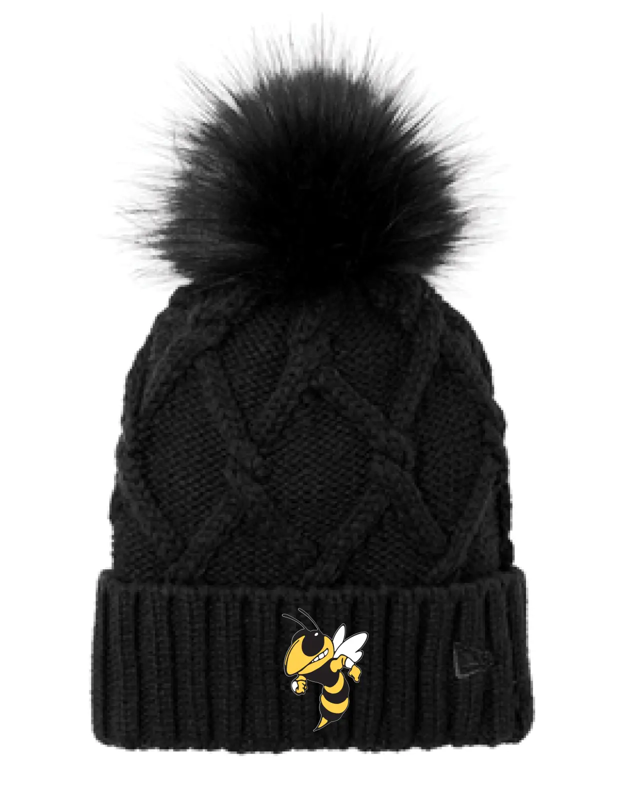 New Era ® Faux Fur Pom Beanie with Embroidered Mascot - BLACK