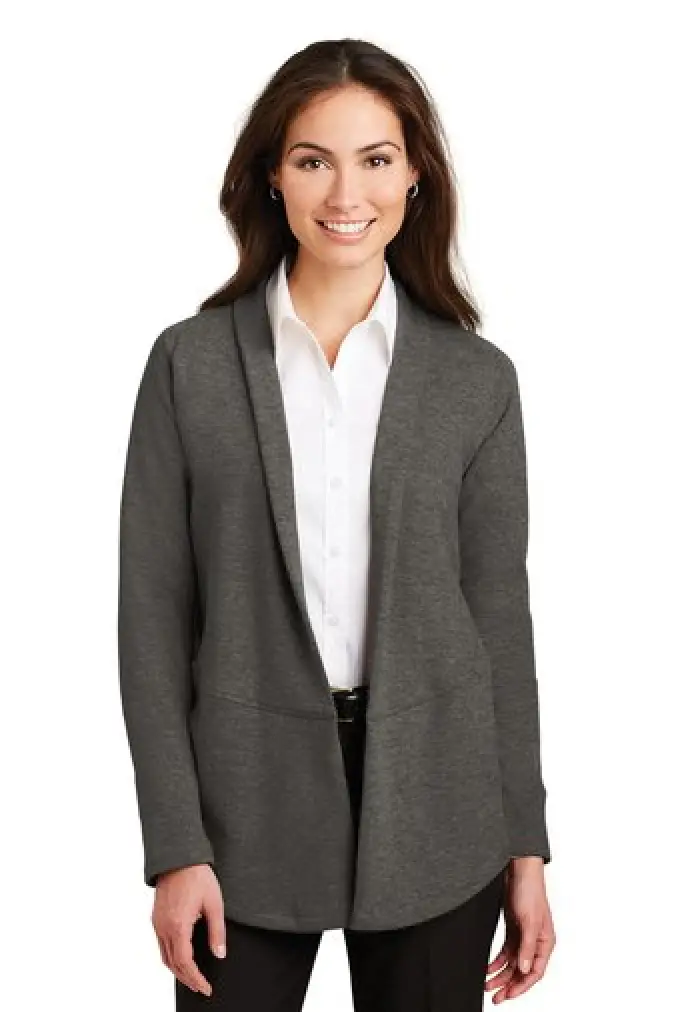 Ladies Interlock Cardigan - L807 - Charcoal Heather/ Medium Heather Grey