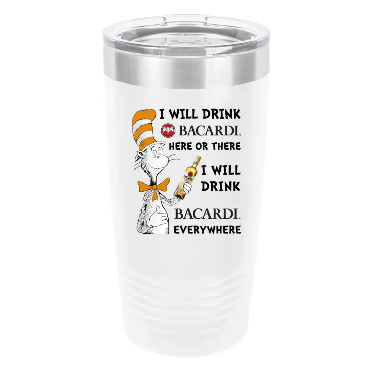 Polar Camel Cat in the Hat Bacardi 20oz Tumbler - Ringneck Stainless Steel Tumbler Insulated Cup - Vacuum Insulated Tumbler with Clear Lid - Great Travel Tumbler - Premium Quality Stainless Steel Tumblers