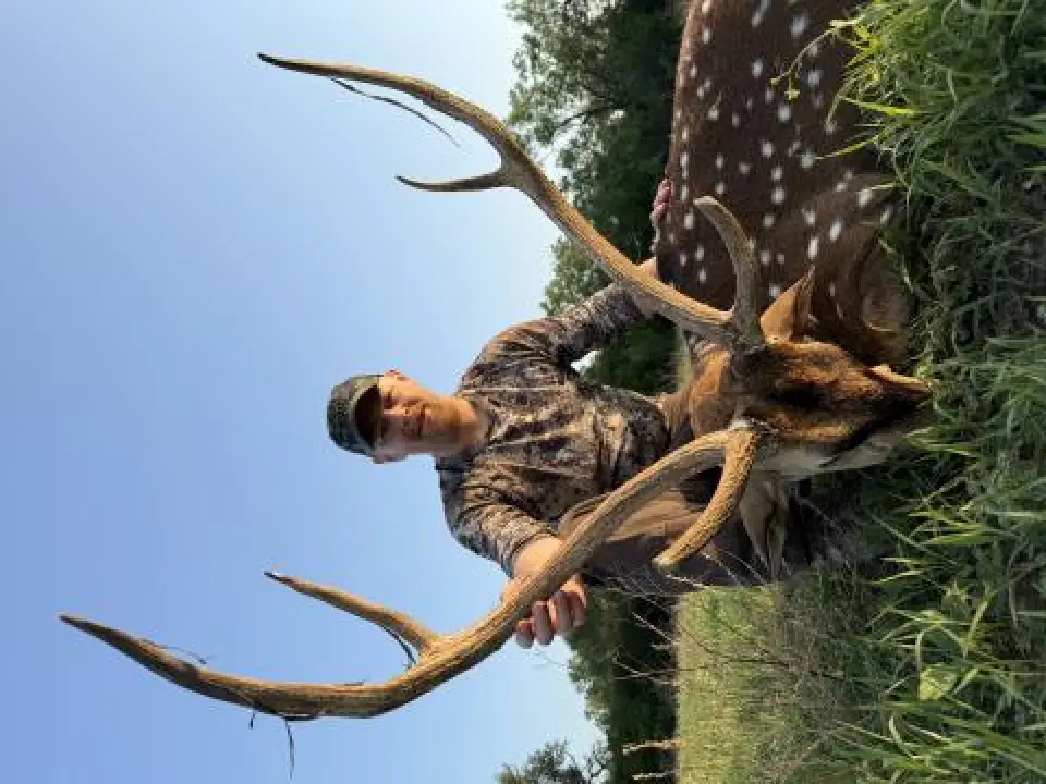 Hunter kneeling beside a trophy axis buck with large antlers.