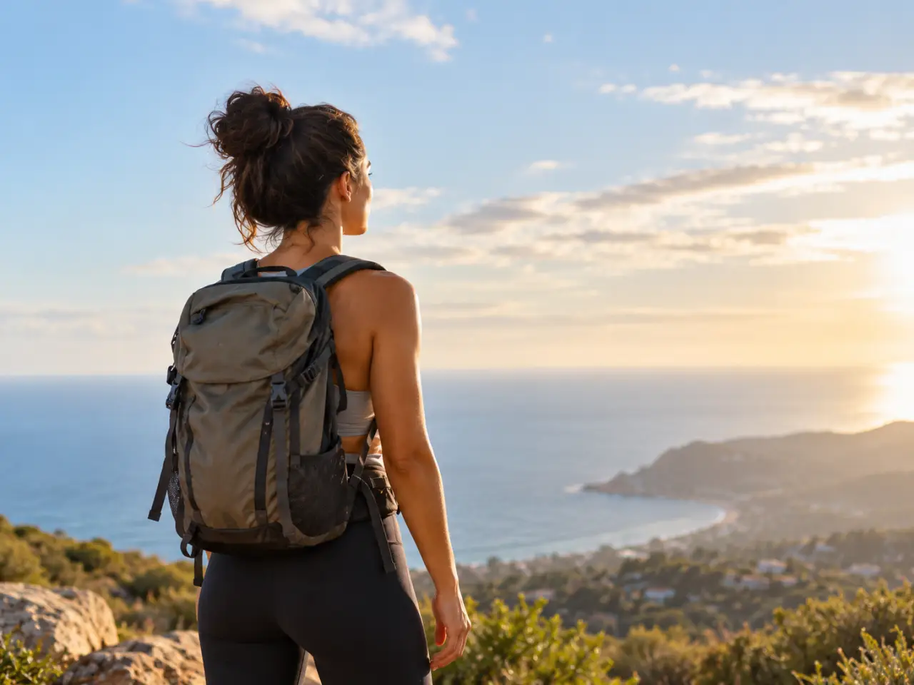 Woman with a backpack looking out over the ocean from a coastal overlook