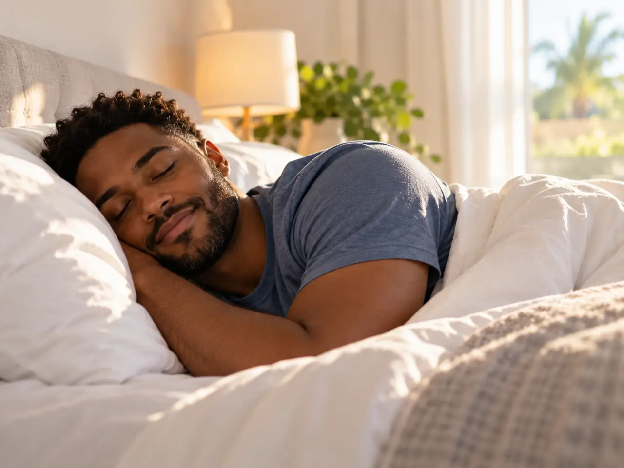 Man sleeping peacefully in a softly lit bedroom