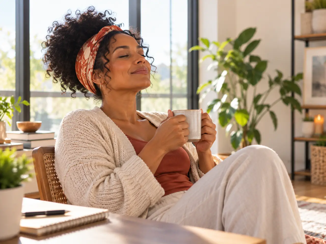Woman relaxing with a cup of tea by a sunlit window, eyes softly closed