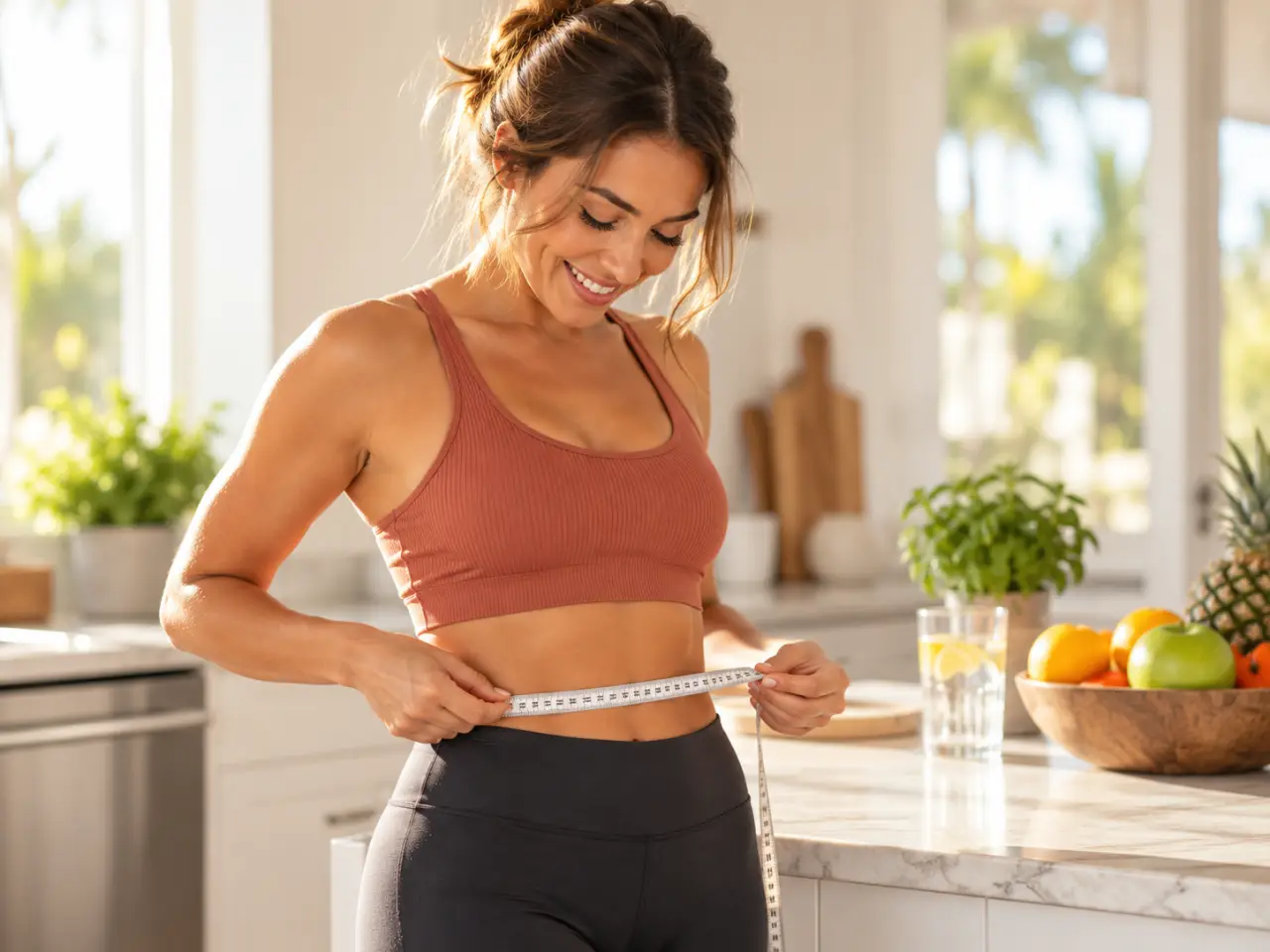Smiling woman measuring her waist with a tape measure in a bright kitchen