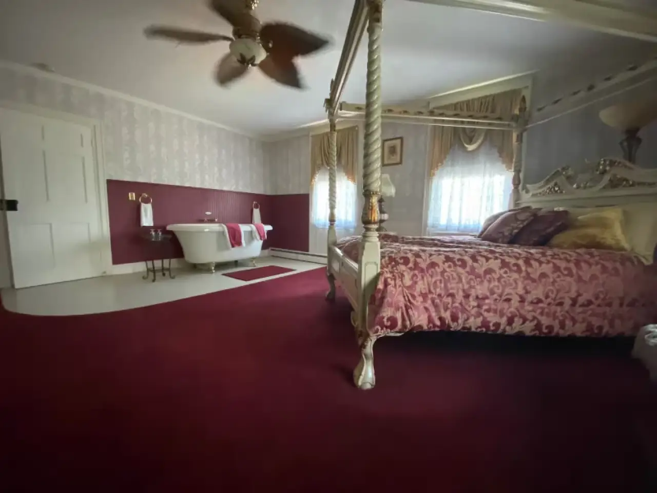 Maroon themed farmhouse bedroom
