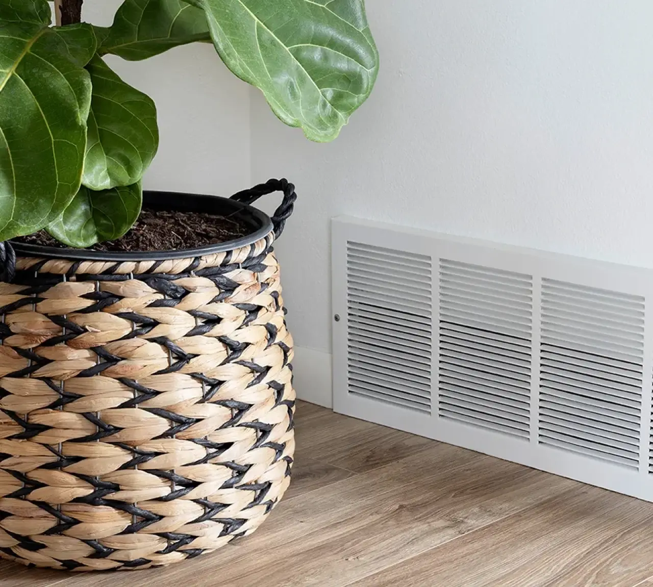Woven basket with a green plant next to a white wall vent on a wooden floor.