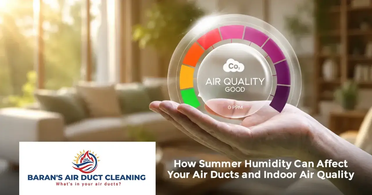A hand holds a digital air quality gauge; text discusses summer humidity and air duct cleaning.
