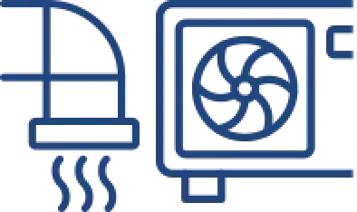 Blue line drawing of a piping system connected to a fan inside a square ventilation unit.