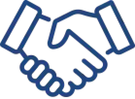 Blue line drawing of two hands shaking in a handshake gesture.