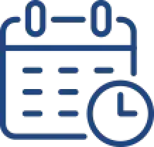 Blue calendar icon with a clock symbol in the bottom right corner.