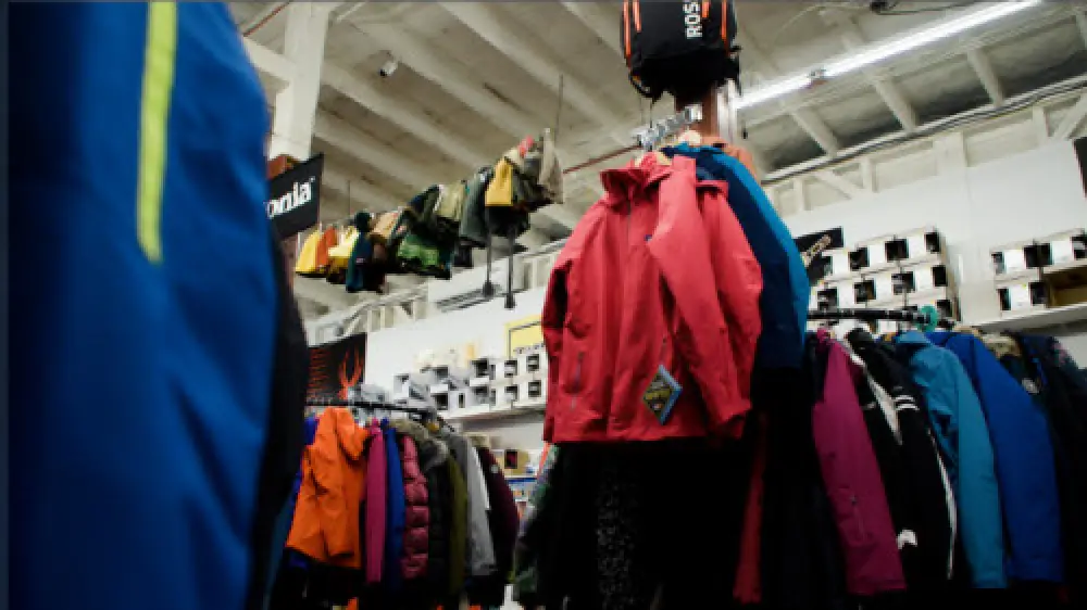 red ski jacket hanging on display