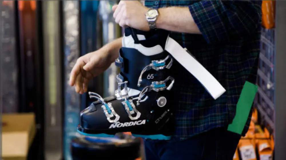 close up shot of a nordica ski boot at Westwood Country Ski