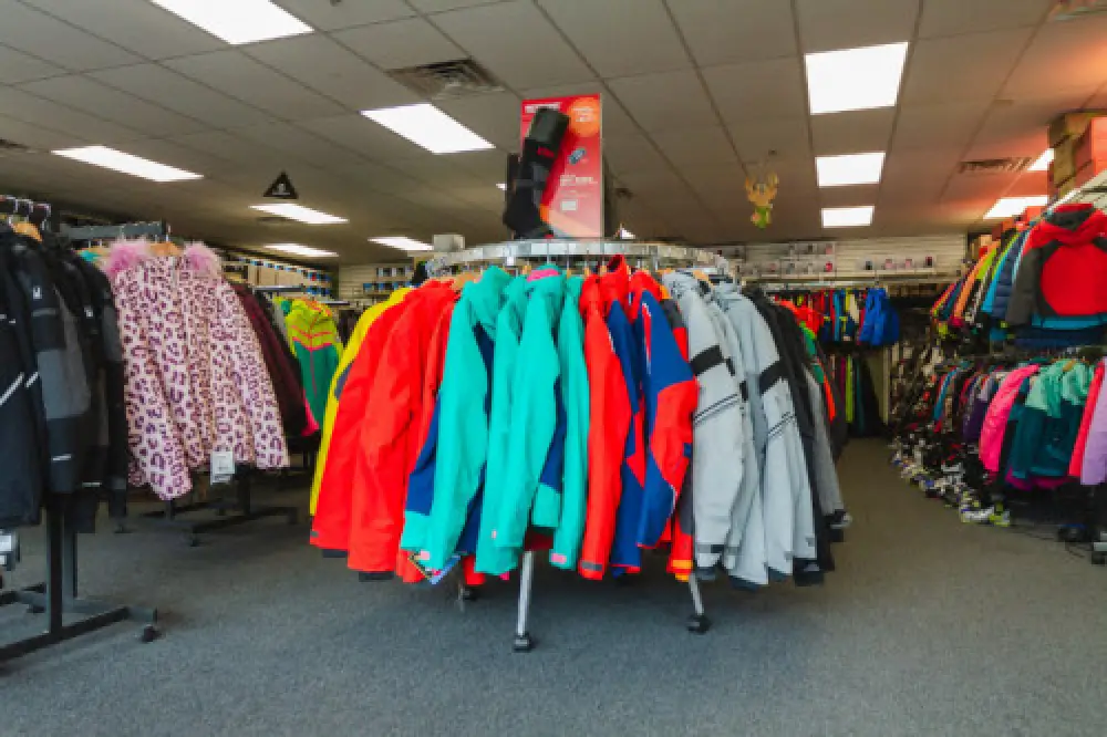 close up of ski jacket rack at Country Ski in Westwood