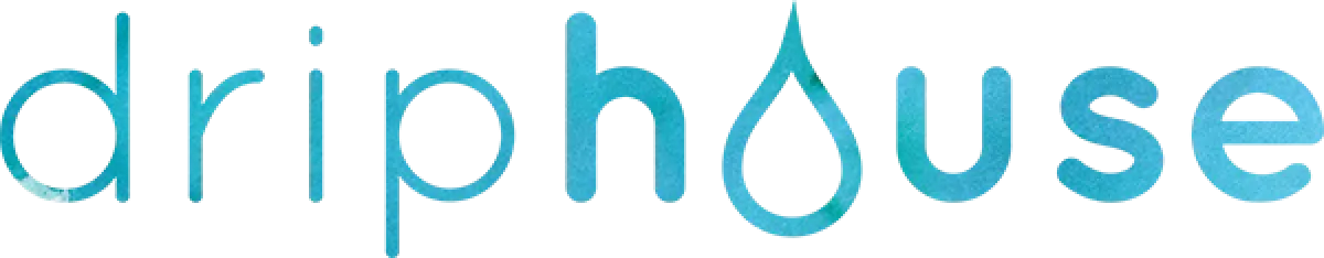Driphouse logo with a water droplet forming the letter o in blue lowercase letters